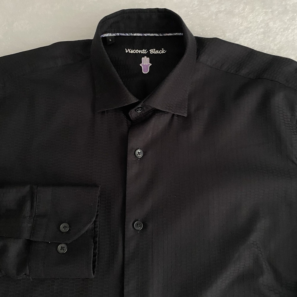Visconti Black Shirt Men's Large Solid Black Rectangle Weave Regular‎ Fit